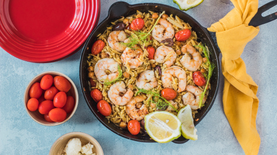 Baked Shrimp & Orzo With Chickpeas, Lemon & Dill