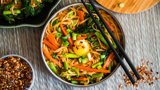 Buttery Veggie Lo Mein With Gochujang & Egg Yolks