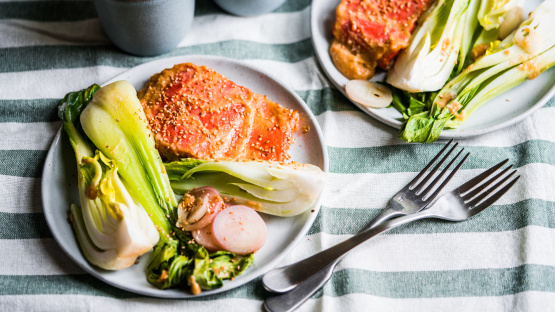 Salmon in a Paper Bag With Miso, Bok Choy & Shallots