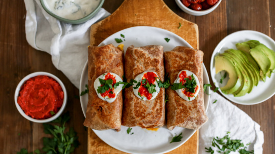 Shakshuka Burrito with Pepper Salsa & Tzatziki