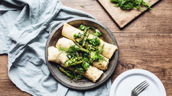 Cheese & Asparagus Matzo Blintzes