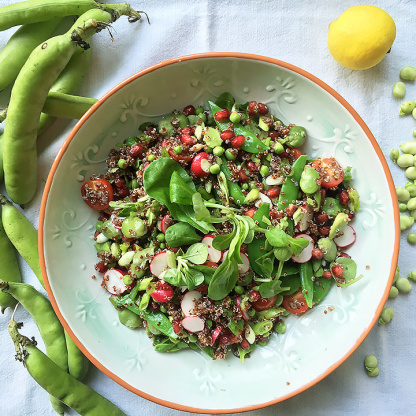 Summer Salad With Broad Beans, Sweet Pomegranate & Quinoa